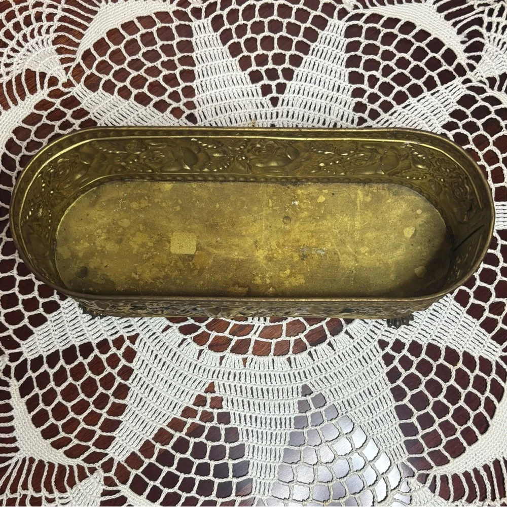 Vintage Brass Footed Planter Ornate Oval Embossed Floral Rose Victorian Luxury